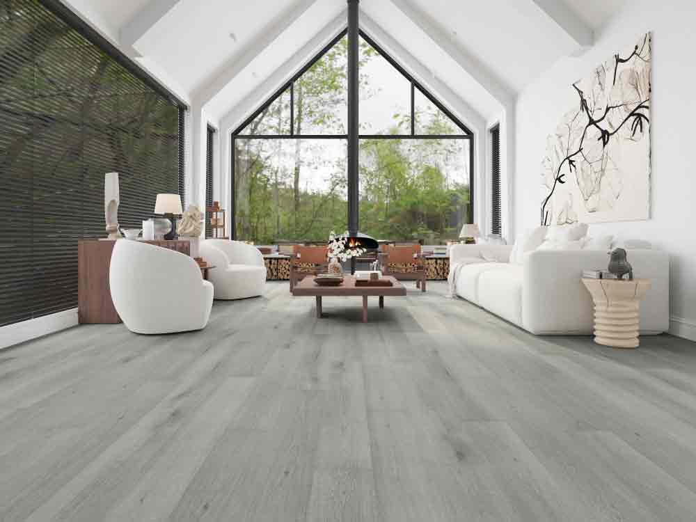 Gray flooring in a bright rooftop living space